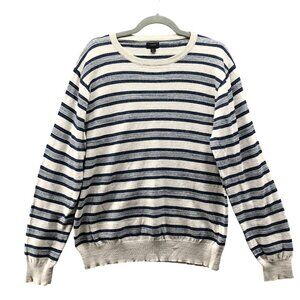 J. Crew Rugged Cotton Striped Crewneck Sweater Mens L Beige Navy Textured
